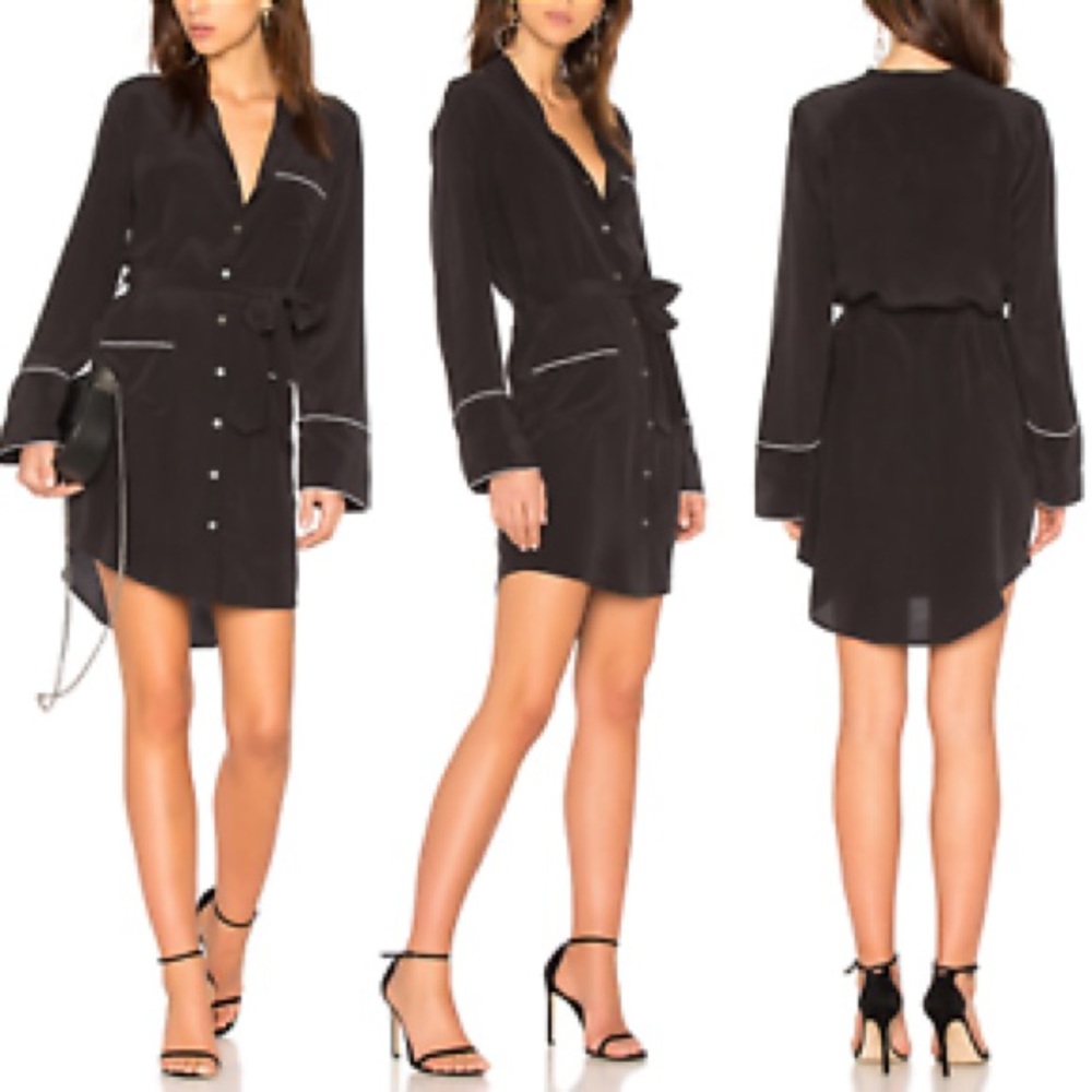 Equipment Black Silk Pajama Shirt Dress White Piping